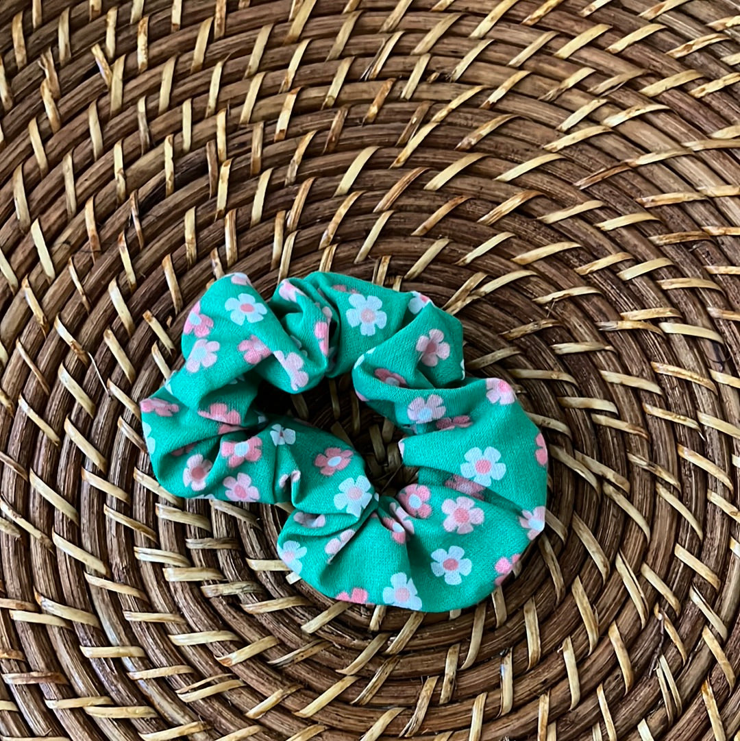 Pink on Green Daisies Scrunchie