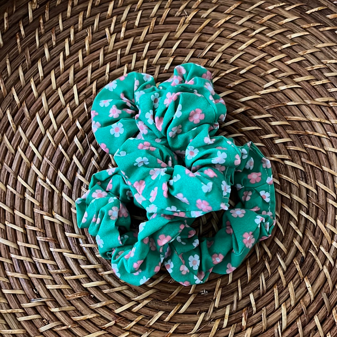 Pink on Green Daisies Scrunchie