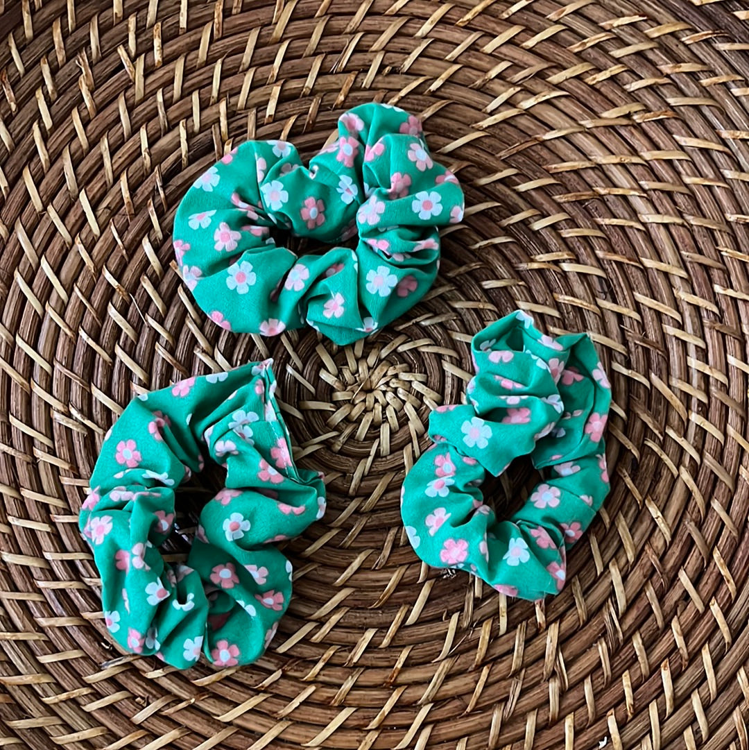 Pink on Green Daisies Scrunchie